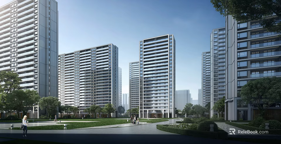 Modern Residential Buildings With Green Landscape And Roads 3d model 
