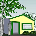 Small Yellow Cottage Exterior With Green Roof Trees Bushes And Gray Path Near Lawn