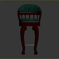 Elegant Bar Stool With Green Leather Seat And Dark Red Wooden Carved Legs
