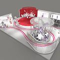 Exhibition Booth Design With Red And White Elements And Circular Display Structures 3d model