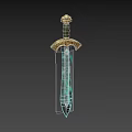 Ornate Fantasy Sword With Golden Hilt Crossguard Green Gem And Blue Glowing Patterns