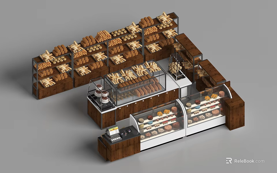 Bakery Display Shelves With Multi Tiered Wooden Racks And Glass Door Cases For Pastries 3d model 
