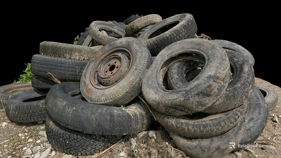 Old Worn Tires Piled High Outdoors on Dirt Ground 3d model 