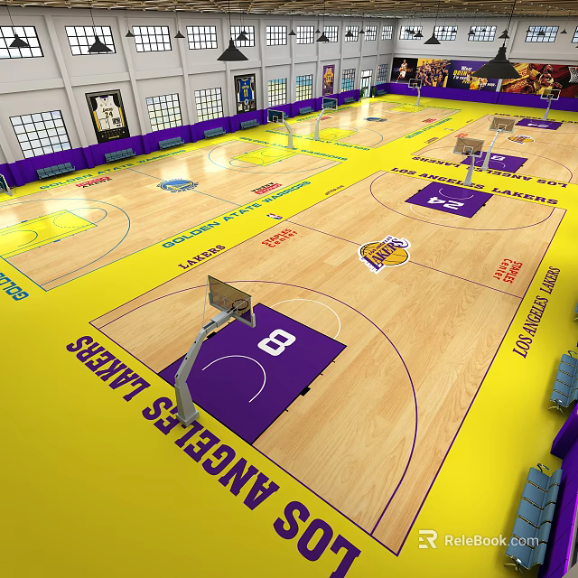Professional Lakers Themed Basketball Court With Yellow Purple Flooring Multiple Hoops And Logos 3d model 