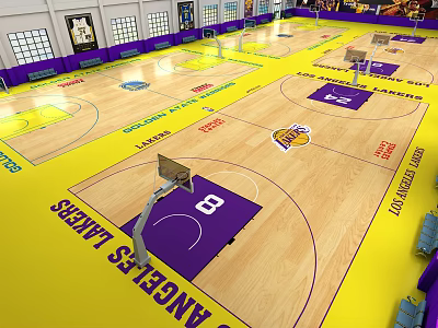 Professional Lakers Themed Basketball Court With Yellow Purple Flooring Multiple Hoops And Logos 3d model