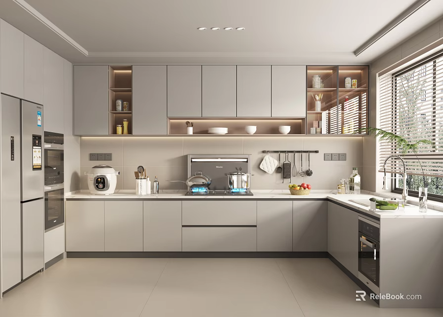 Modern Kitchen Interior With Gray Cabinets Stainless Steel Appliances And Island Counter 3d model 