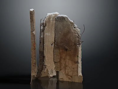 Weathered Stone Sculpture Installation With Cracked Surfaces And Rustic Metal Wires 3d model