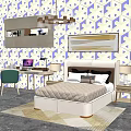 Background Double Bed Interior With Blue White Geometric Pattern Wallpaper Gray Cabinet And Desk