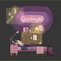 Kids Bedroom Design With Pink Bed Stars Moon Goodnight Neon Lights And Wall Frames