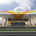 V OIL Modern Gas Station With Yellow Roof Colorful Striped Canopy And Fuel Pumps