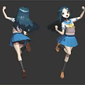 3D Anime Characters With Blue Hair Sailor Uniform And Blue Skirt From Two Angles