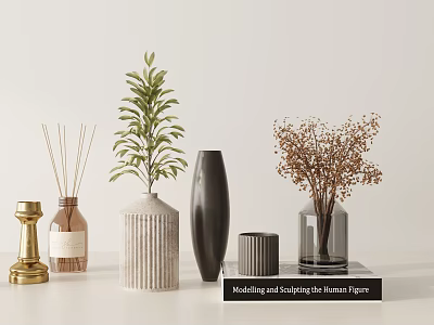 Stylish Decorative Ornament Set Design With Vases Green Plants And Reed Diffusers 3d model