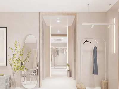 Elegant Modern Clothing Store Interior Design With Hanging Garments Mirror And Green Plants 3d model