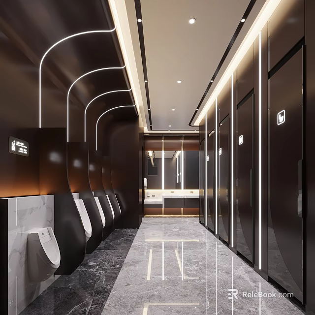 Modern Public Restroom With Black Walls White Urinals Marble Flooring Stalls Light Strips And Mirrors 3d model 