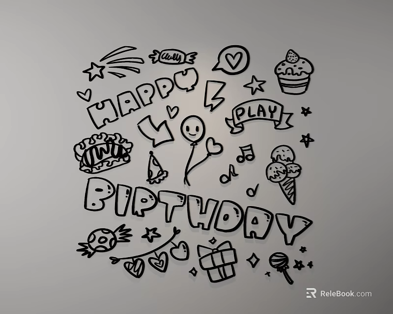 Birthday Themed Wall Decor with Hand Drawn Happy Birthday Lettering and Festive Symbols 3d model 