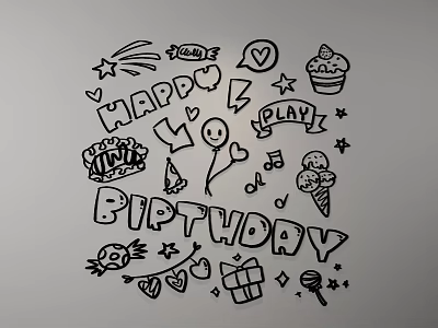 Birthday Themed Wall Decor with Hand Drawn Happy Birthday Lettering and Festive Symbols 3d model