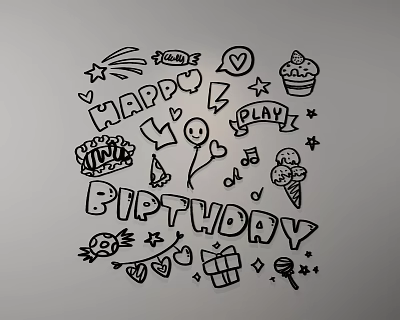 Birthday Themed Wall Decor with Hand Drawn Happy Birthday Lettering and Festive Symbols 3d model