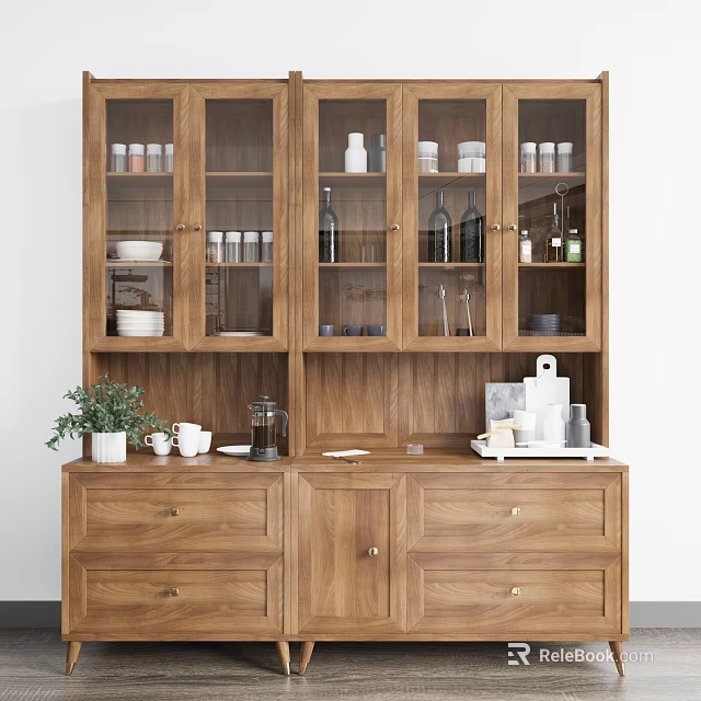 Wooden Sideboard with Glass Doors Storing Dinnerware and Countertop Potted Plant Coffee Maker 3d model 