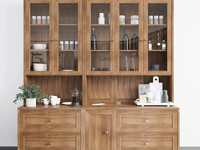 Wooden Sideboard with Glass Doors Storing Dinnerware and Countertop Potted Plant Coffee Maker 3d model