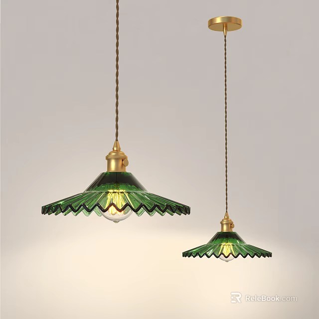 Green Glass Chandeliers With Gold Base And Scalloped Edge Hanging Decorative Design 3d model 