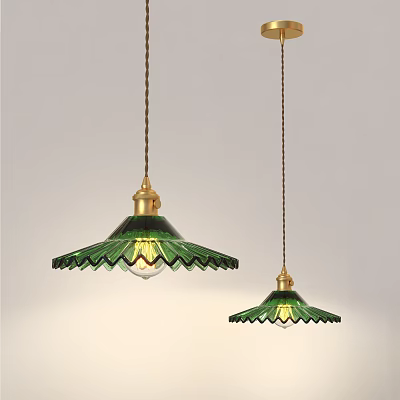Green Glass Chandeliers With Gold Base And Scalloped Edge Hanging Decorative Design 3d model