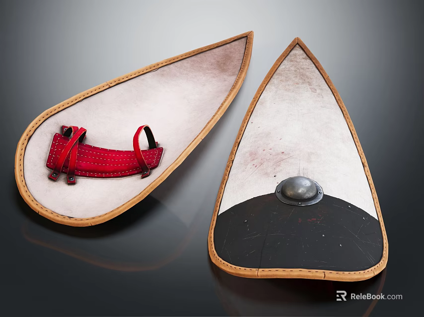 Traditional Teardrop Shaped Weapon Shields with Wooden Frames Red Strap And Metal Dome 3d model 