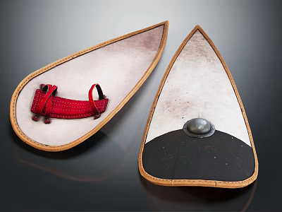 Traditional Teardrop Shaped Weapon Shields with Wooden Frames Red Strap And Metal Dome 3d model