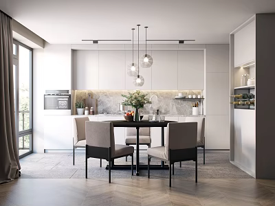 Modern Restaurant Interior With Dining Table Chairs Pendant Lights And Open Kitchen Area 3d model