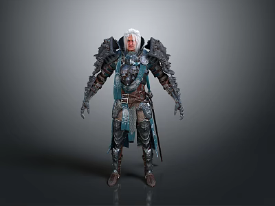 Man with White Hair in Blue Silver Armor and Large Shoulder Ornaments on Gray Background 3d model