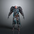 Man with White Hair in Blue Silver Armor and Large Shoulder Ornaments on Gray Background