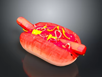 Delicious Hot Dog with Sausage Mustard Ketchup and Red Bun Topped with Yellow Onion Rings 3d model