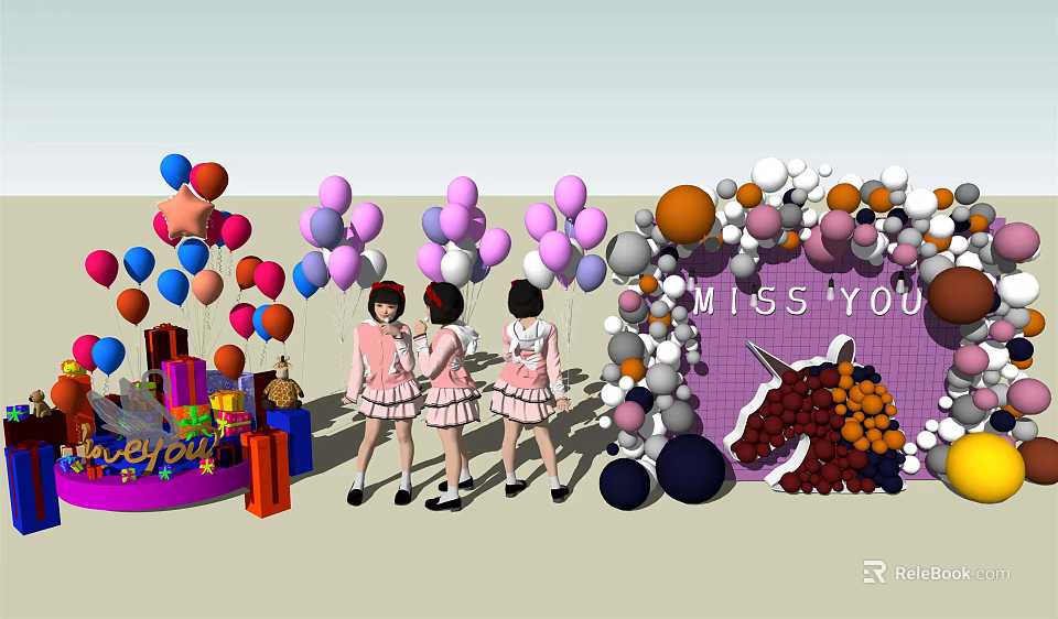 Floral Installation With Colorful Balloons Gift Boxes Unicorn Decoration And MISS YOU Lettering 3d model 