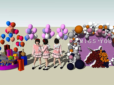 Floral Installation With Colorful Balloons Gift Boxes Unicorn Decoration And MISS YOU Lettering 3d model