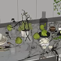 Fresh Limes Pears And Lemons On Marble Tabletop With Decorative Candles Vases And Tableware