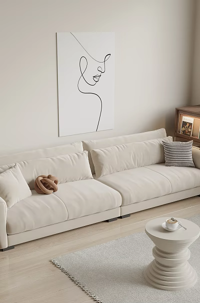 Minimalist Beige Double Sofa With Cushions Stripe Pillow Round Coffee Table And Coffee Cup 3d model