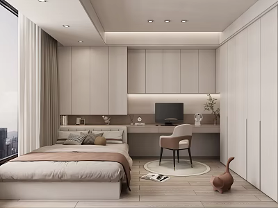 Modern Tatami Bedroom With Built in Wardrobes Writing Desk Chair And Light Curtains 3d model