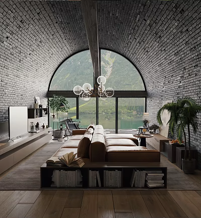 Cozy Living Room Interior With Arched Window Brick Wall Brown Sofa Chandelier Lake And Mountain View 3d model