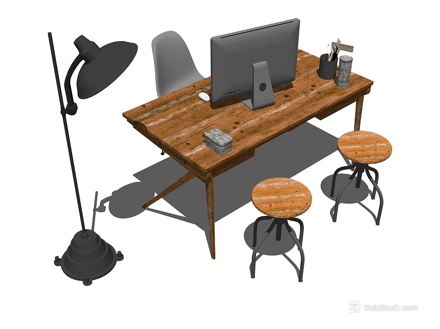 Wooden Office Desk with Computer Monitor Keyboard Chair Stool and Floor Lamp 3d model 
