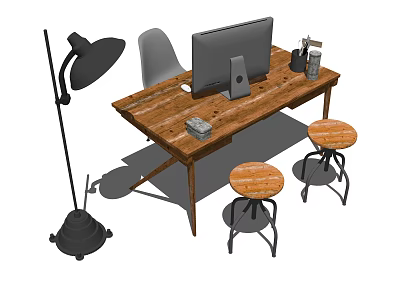 Wooden Office Desk with Computer Monitor Keyboard Chair Stool and Floor Lamp 3d model