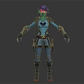 Fantasy 3D Character With Blue Armor Glowing Hands Mask And Dual Weapons