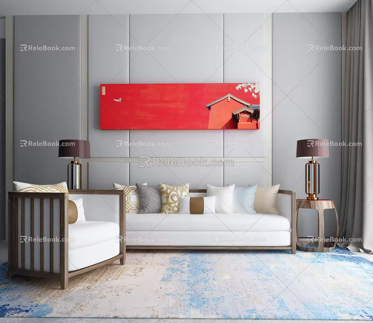 New Chinese Style Combination Sofa Sofa Coffee Table Combination 3d model