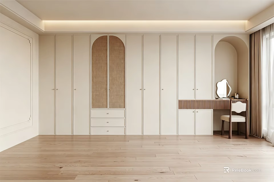 Minimalist Modern Walk-in Closet Design With White Cabinetry Arched Rattan Door And Dressing Table Chair 3d model 