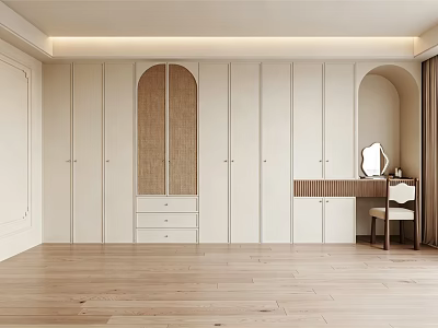 Minimalist Modern Walk-in Closet Design With White Cabinetry Arched Rattan Door And Dressing Table Chair 3d model