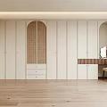 Minimalist Modern Walk-in Closet Design With White Cabinetry Arched Rattan Door And Dressing Table Chair