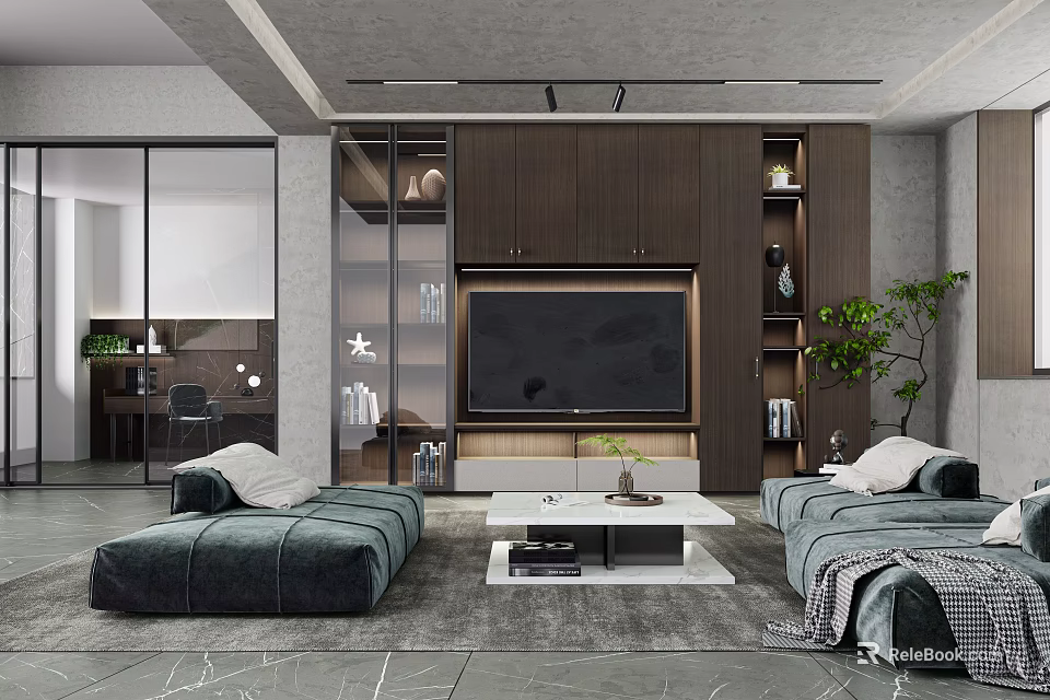 Modern Living Room With Dark Furniture And TV Unit 3d model 