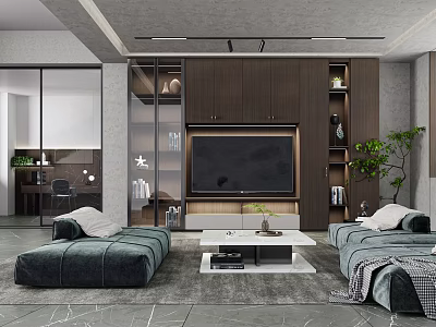 Modern Living Room With Dark Furniture And TV Unit 3d model