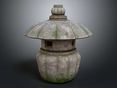 Traditional Japanese Stone Lantern Featuring Mossy Surface Umbrella Shaped Top And Square Window 3d model