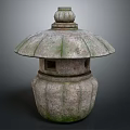 Traditional Japanese Stone Lantern Featuring Mossy Surface Umbrella Shaped Top And Square Window