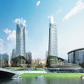 Modern High Rise Office Building With Glass Curtain Wall And Green Roof In Urban Complex