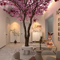 Beauty Hair Salon Interior Design With Cherry Blossom Tree Cozy Sofa And Decorative Wall